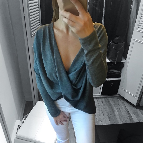 Sweaters - Steel Blue Draped Crossover Sweater